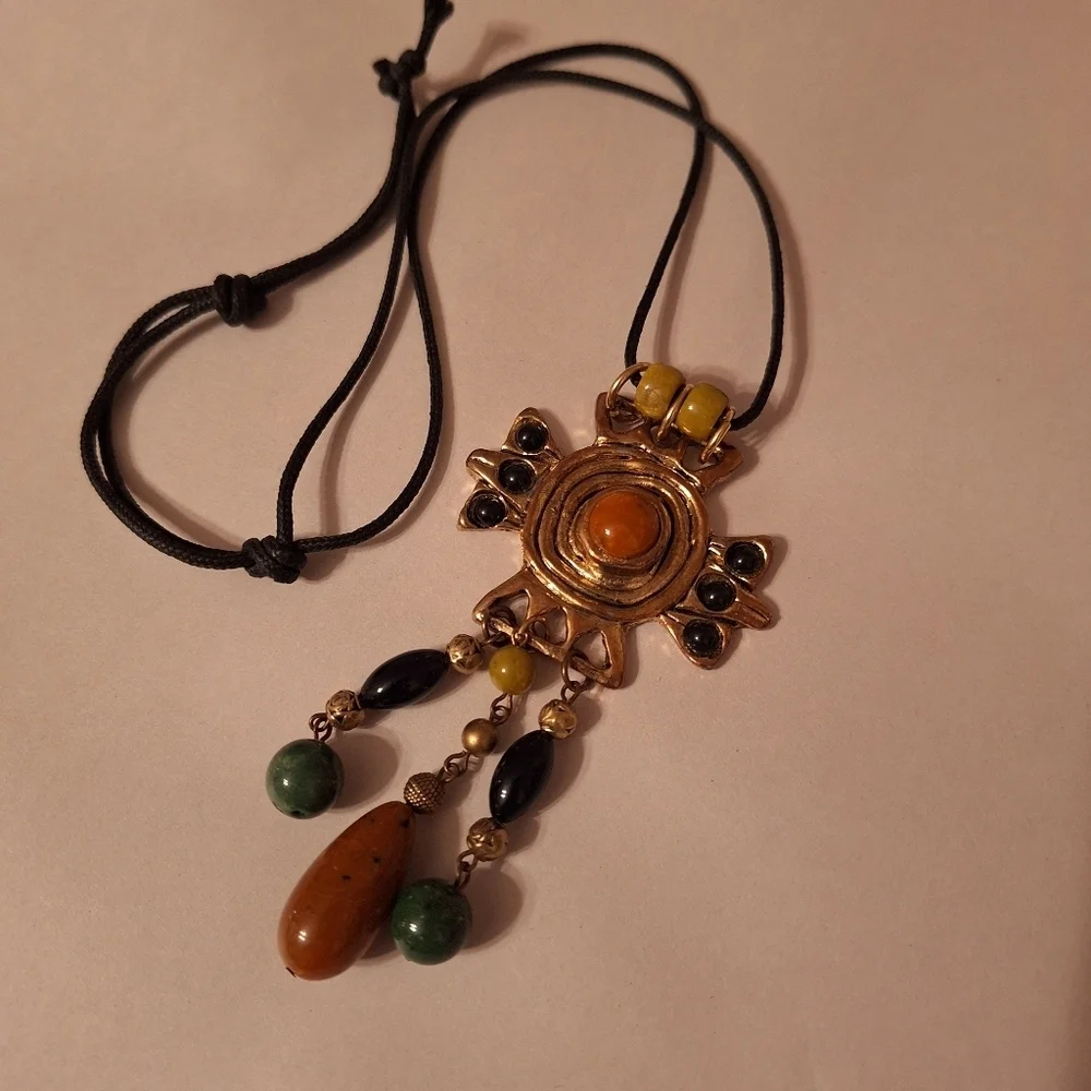 Beaded Amulet Pendant Dangle Tassel Necklace Black Corded Bohemian Must Have